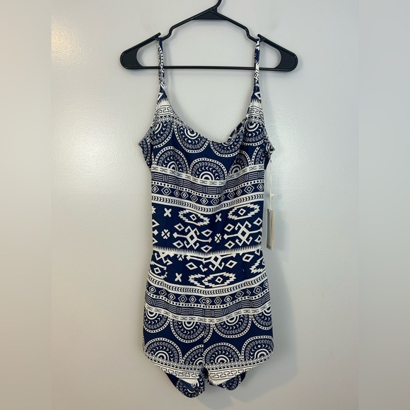 NWT Lagaci French Maverick Aztec Print Open Back Blue Strappy Romper Large - Picture 2 of 13
